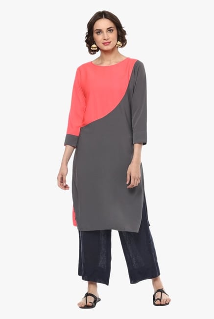 Pannkh Grey & Peach Round Neck Kurta Pannkh Grey & Peach Round Neck Kurta