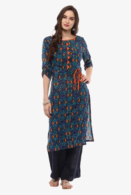 Pannkh Blue & Orange Printed Cotton Kurta Pannkh Blue & Orange Printed Cotton Kurta