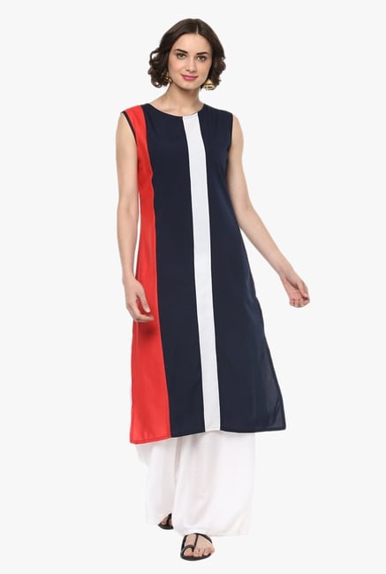 Pannkh Navy & Red Round Neck Kurta Pannkh Navy & Red Round Neck Kurta