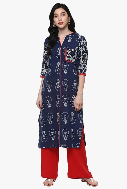 Pannkh Navy Printed Cotton Kurta Pannkh Navy Printed Cotton Kurta