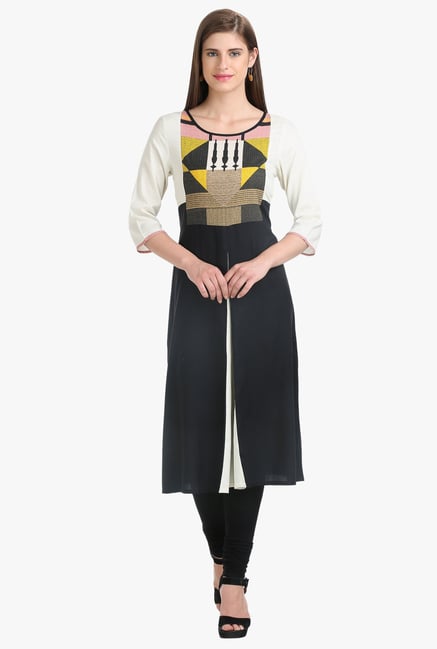 W Off White & Black Printed Rayon Kurta W Off White & Black Printed Rayon Kurta