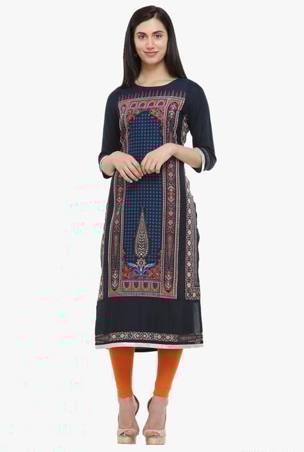 W Navy Printed Rayon Kurta W Navy Printed Rayon Kurta