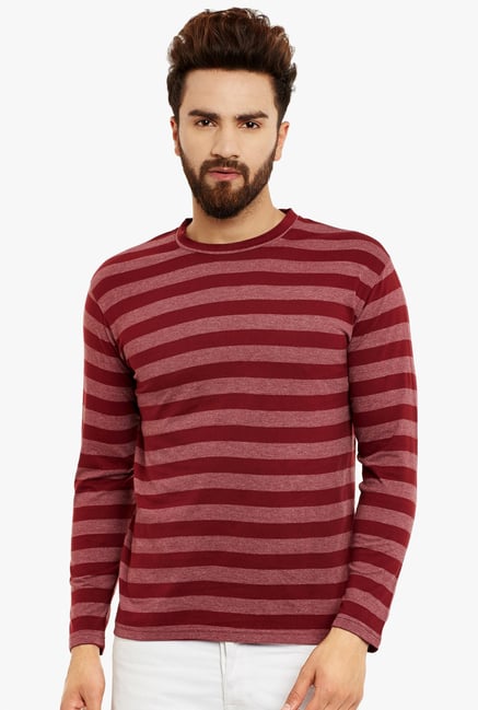 Hypernation Maroon Regular Fit Striped T-Shirt Hypernation Maroon Regular Fit Striped T-Shirt