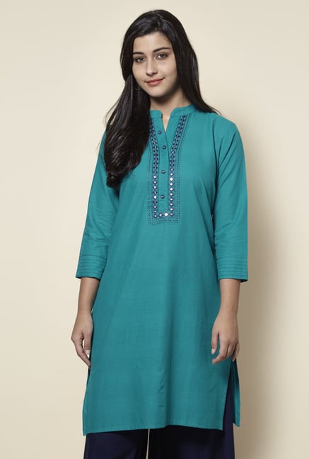 Zudio Teal Mirror-work Straight Fit Kurta Zudio Teal Mirror-work Straight Fit Kurta