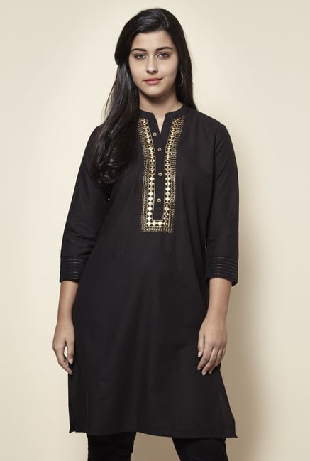 Zudio Black Mirror-work Straight Fit Kurta Zudio Black Mirror-work Straight Fit Kurta