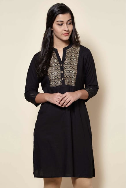 Zudio Black Floral Straight Fit Kurta Zudio Black Floral Straight Fit Kurta