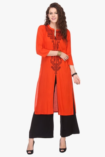 Varanga Orange Embroidered Rayon Kurta Varanga Orange Embroidered Rayon Kurta