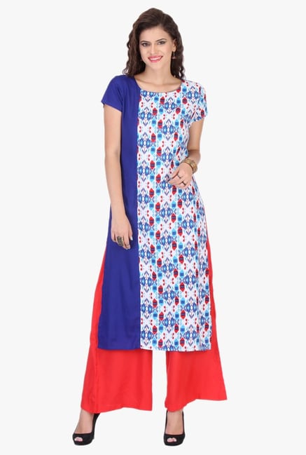 Varanga Blue & White Printed Rayon Kurta Varanga Blue & White Printed Rayon Kurta