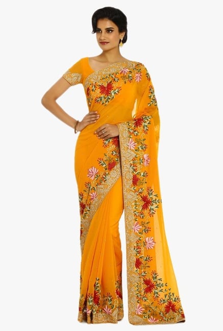 Soch Mustard Embroidered Georgette Saree With Blouse Soch Mustard Embroidered Georgette Saree With Blouse