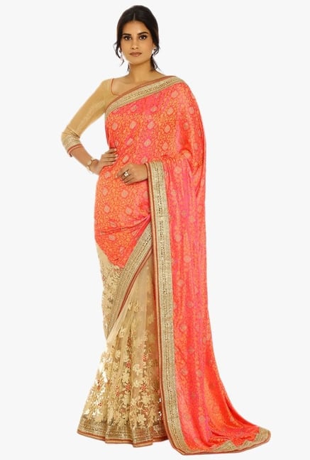 Soch Beige & Pink Half & Half Silk Net Saree With Blouse Soch Beige & Pink Half & Half Silk Net Saree With Blouse