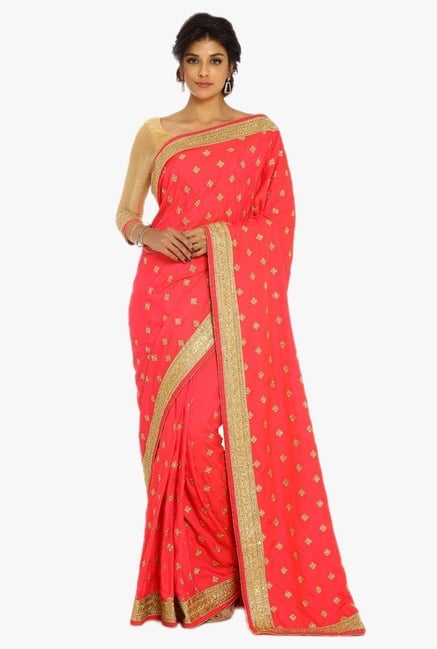 Soch Coral & Gold Embroidered Silk Saree With Blouse Soch Coral & Gold Embroidered Silk Saree With Blouse