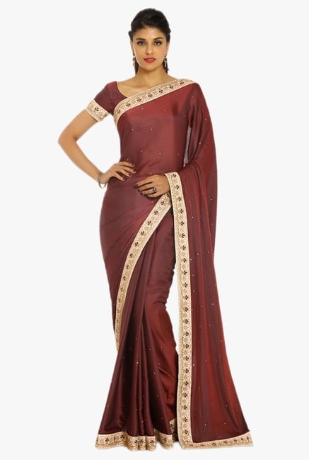 Soch Brown Embellished Silk Saree With Blouse Soch Brown Embellished Silk Saree With Blouse