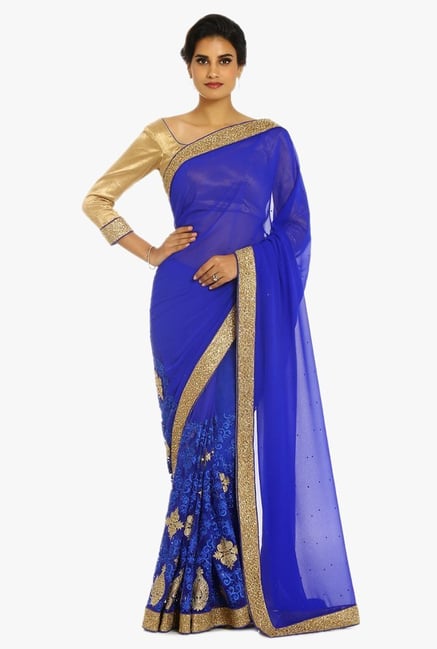 Soch Royal Blue Embroidered Georgette Saree With Blouse Soch Royal Blue Embroidered Georgette Saree With Blouse