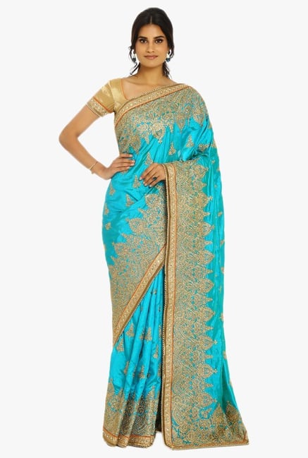Soch Turquoise & Gold Embroidered Silk Saree With Blouse Soch Turquoise & Gold Embroidered Silk Saree With Blouse
