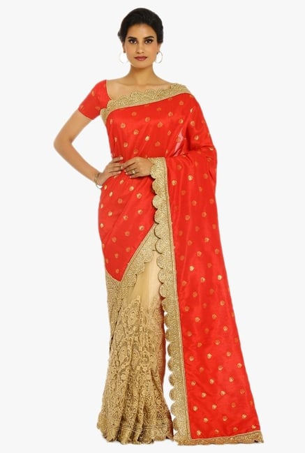 Soch Gold & Red Half & Half Silk Net Saree With Blouse Soch Gold & Red Half & Half Silk Net Saree With Blouse