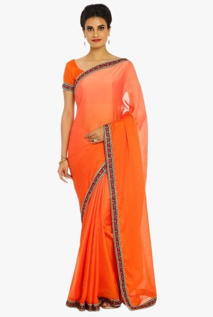 Soch Orange Embellished Chiffon Saree With 2 Blouse Soch Orange Embellished Chiffon Saree With 2 Blouse
