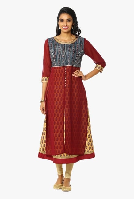 Soch Maroon & Blue Printed Georgette Kurta Soch Maroon & Blue Printed Georgette Kurta