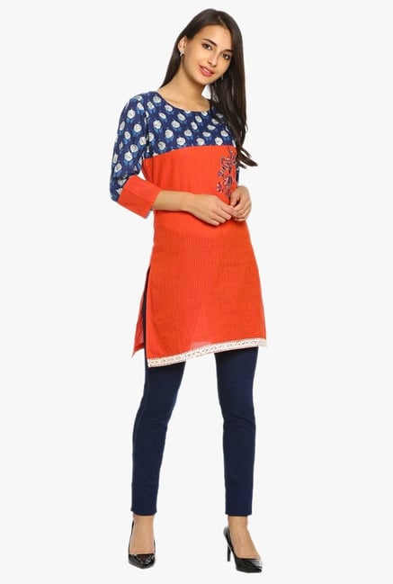 Soch Orange & Navy Printed Cotton Kurti Soch Orange & Navy Printed Cotton Kurti
