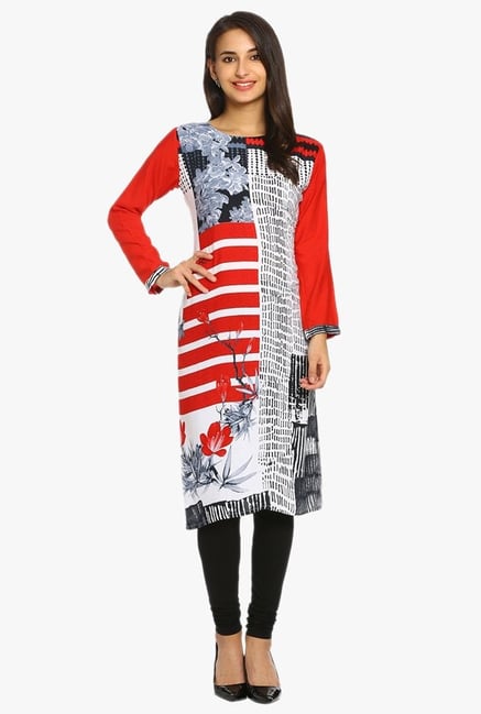 Soch Red & White Printed Rayon Kurta Soch Red & White Printed Rayon Kurta
