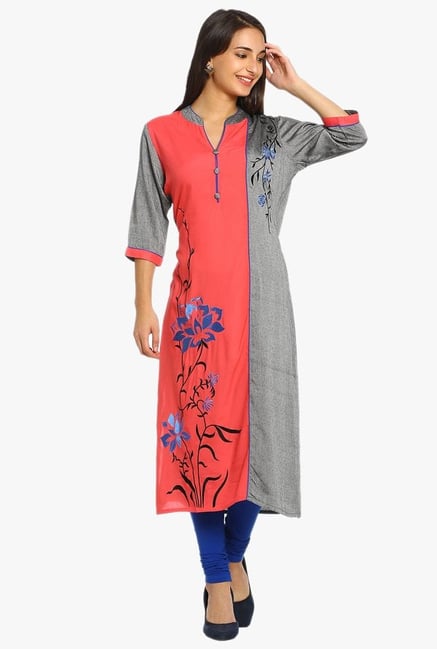 Soch Coral & Grey Embroidered Cotton Kurta Soch Coral & Grey Embroidered Cotton Kurta