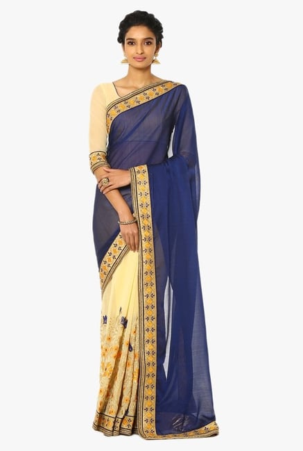 Soch Beige & Navy Half & Half Embroidered Georgette Saree Soch Beige & Navy Half & Half Embroidered Georgette Saree