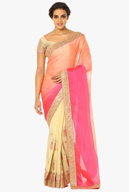Soch Beige & Pink Half & Half Embroidered Chiffon Saree Soch Beige & Pink Half & Half Embroidered Chiffon Saree