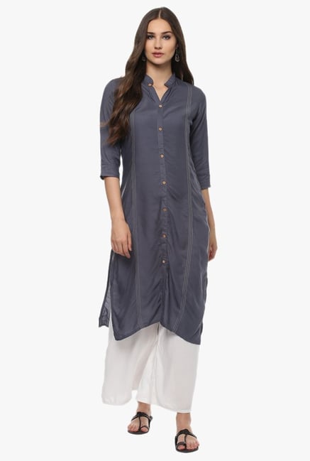 Avaana Grey Mandarin Collar Rayon Kurta Avaana Grey Mandarin Collar Rayon Kurta