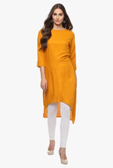 Avaana Mustard Round Neck Rayon Kurta Avaana Mustard Round Neck Rayon Kurta