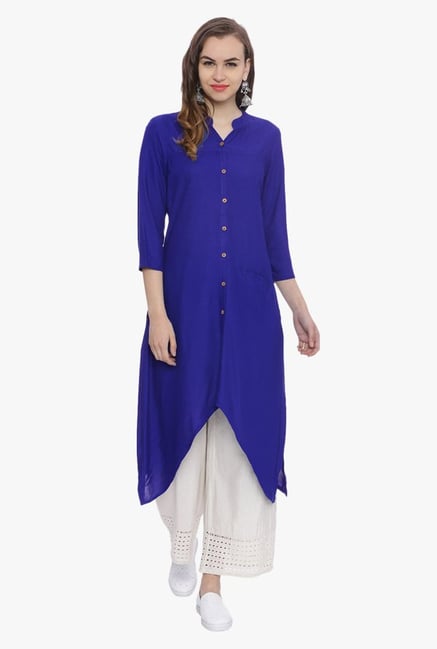 Avaana Royal Blue Mandarin Collar Rayon Kurta Avaana Royal Blue Mandarin Collar Rayon Kurta