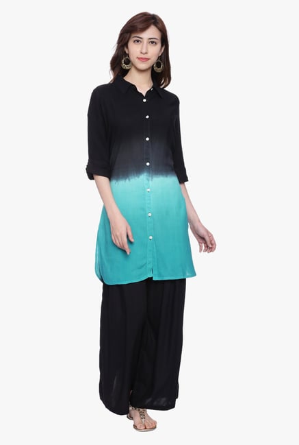 Evam Black & Teal Ombre Rayon Kurti Evam Black & Teal Ombre Rayon Kurti