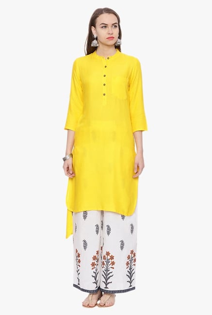 Avaana Yellow Mandarin Collar Rayon Kurta Avaana Yellow Mandarin Collar Rayon Kurta