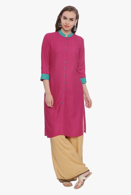Avaana Fuchsia Mandarin Collar Rayon Kurta Avaana Fuchsia Mandarin Collar Rayon Kurta