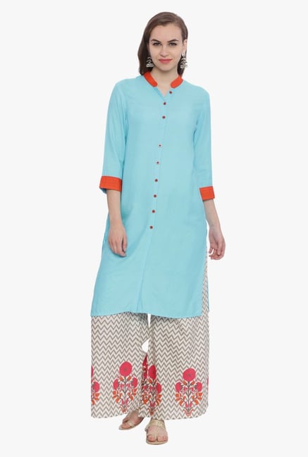Avaana Sky Blue Mandarin Collar Rayon Kurta Avaana Sky Blue Mandarin Collar Rayon Kurta
