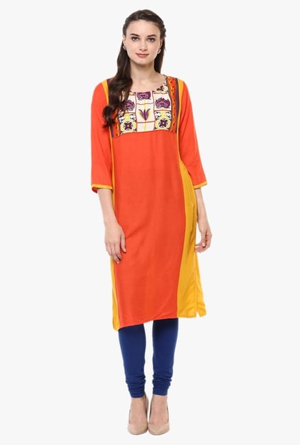 Avaana Orange Printed Rayon Kurta Avaana Orange Printed Rayon Kurta