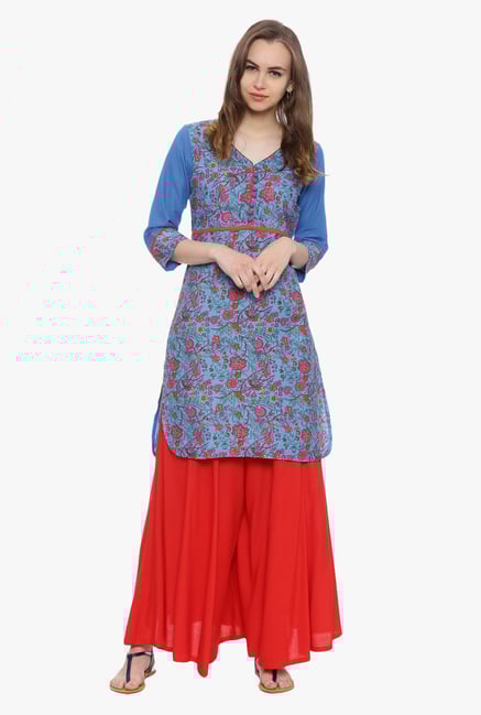 Evam Blue Floral Print Cotton Cambric Kurta Evam Blue Floral Print Cotton Cambric Kurta