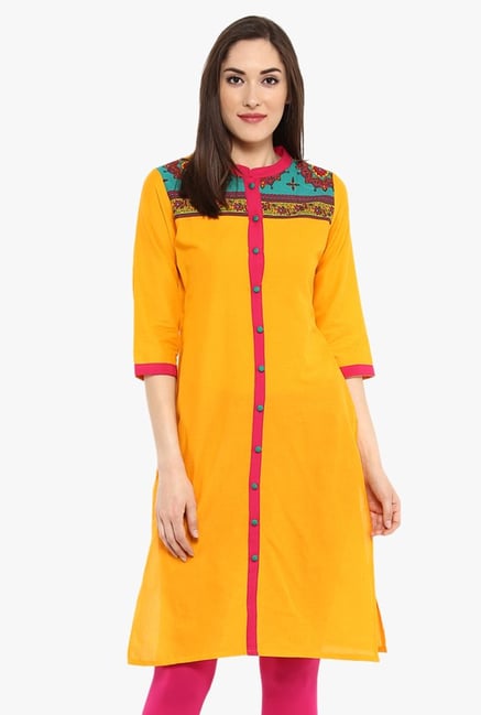 Avaana Yellow Printed Cotton Cambric Kurta Avaana Yellow Printed Cotton Cambric Kurta