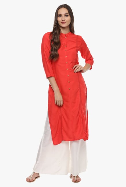 Avaana Coral Mandarin Collar Rayon Kurta Avaana Coral Mandarin Collar Rayon Kurta