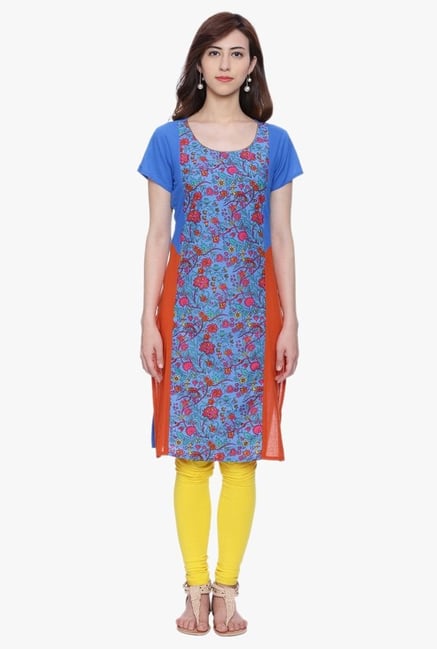 Evam Blue & Orange Floral Print Cotton Cambric Kurta Evam Blue & Orange Floral Print Cotton Cambric Kurta