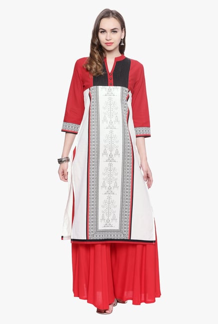 Avaana Red & Off White Printed Cotton Cambric Kurta Avaana Red & Off White Printed Cotton Cambric Kurta