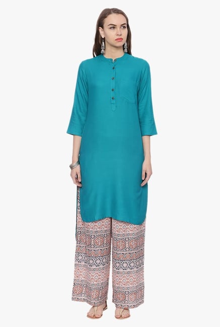 Avaana Teal Mandarin Collar Rayon Kurta Avaana Teal Mandarin Collar Rayon Kurta