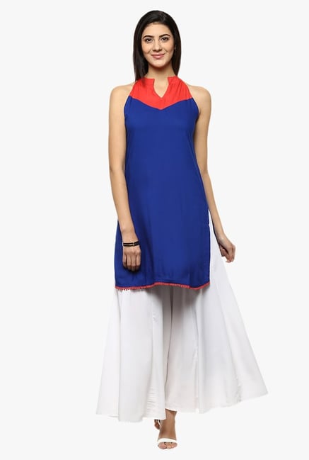 Avaana Royal Blue Mandarin Collar Rayon Kurta Avaana Royal Blue Mandarin Collar Rayon Kurta
