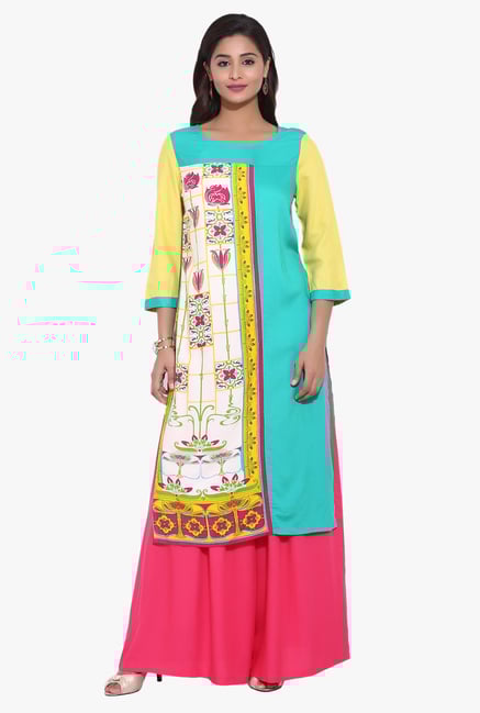 Avaana Teal & Yellow Printed Rayon Kurta Avaana Teal & Yellow Printed Rayon Kurta