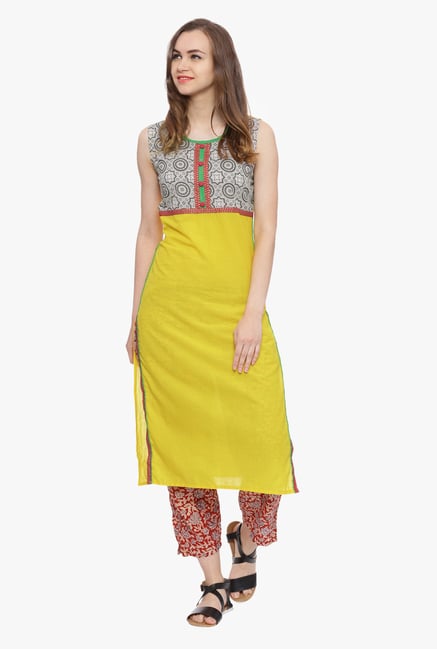 Avaana Yellow Printed Cambric Kurta Avaana Yellow Printed Cambric Kurta