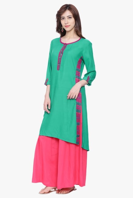 Evam Teal Round Neck Rayon Kurta Evam Teal Round Neck Rayon Kurta