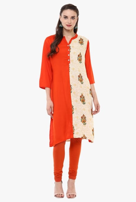 Evam Orange & Beige Floral Print Rayon Kurta Evam Orange & Beige Floral Print Rayon Kurta