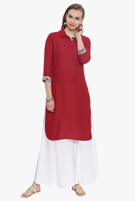 Avaana Red Shirt Collar Rayon Kurta Avaana Red Shirt Collar Rayon Kurta
