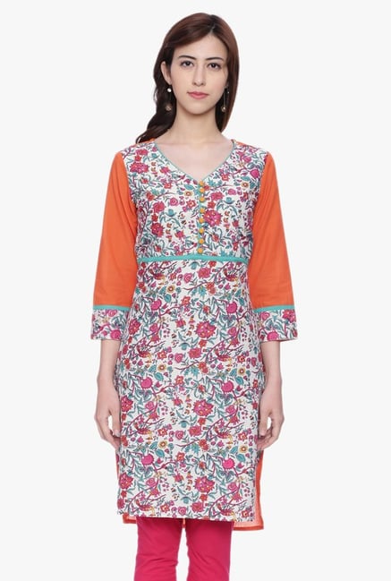 Evam Orange & White Floral Print Cotton Cambric Kurta Evam Orange & White Floral Print Cotton Cambric Kurta