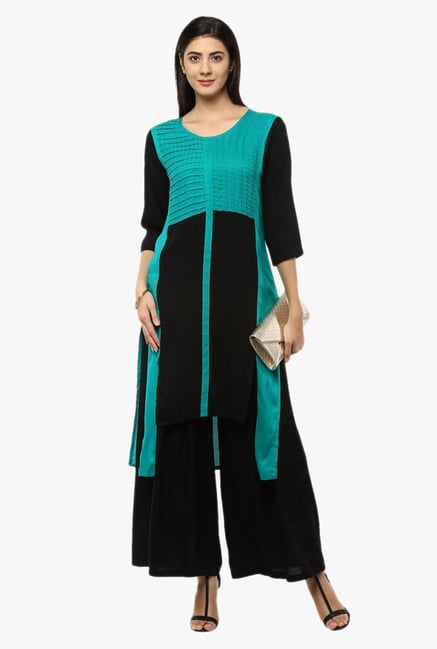 Avaana Teal & Black Round Neck Rayon Kurta Avaana Teal & Black Round Neck Rayon Kurta