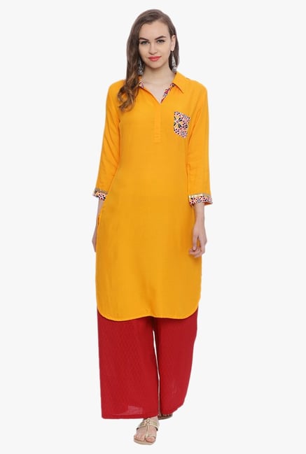 Avaana Mustard Shirt Collar Rayon Kurta Avaana Mustard Shirt Collar Rayon Kurta