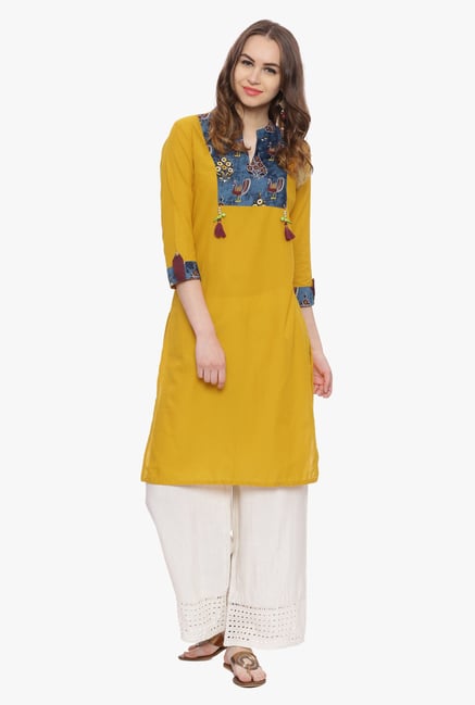 Avaana Mustard Printed Cambric Cotton Kurta Avaana Mustard Printed Cambric Cotton Kurta